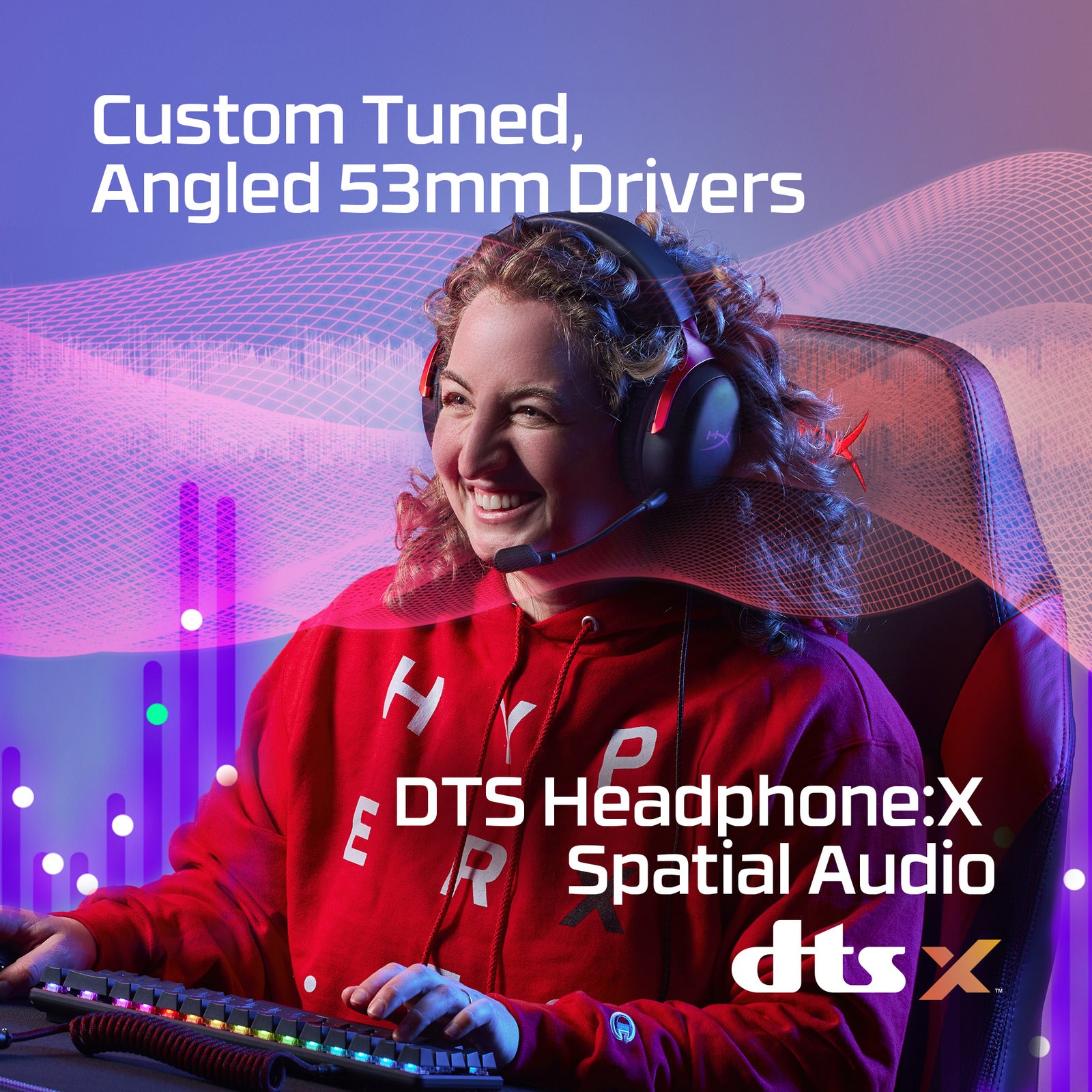 HyperX Cloud III 유선 블랙·레드 색상의 53mm 드라이버·DTS 공식 소개 이미지. 선택 상품은 올블랙 모델입니다.
